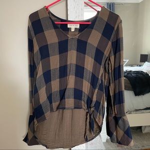 High Low Green and Navy Plaid Anthropologie Top